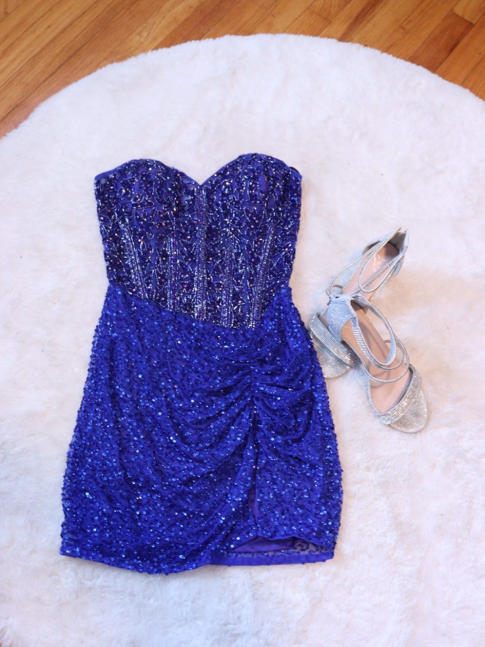 Primavera Couture Royal Blue Strapless Beaded Cocktail Dress